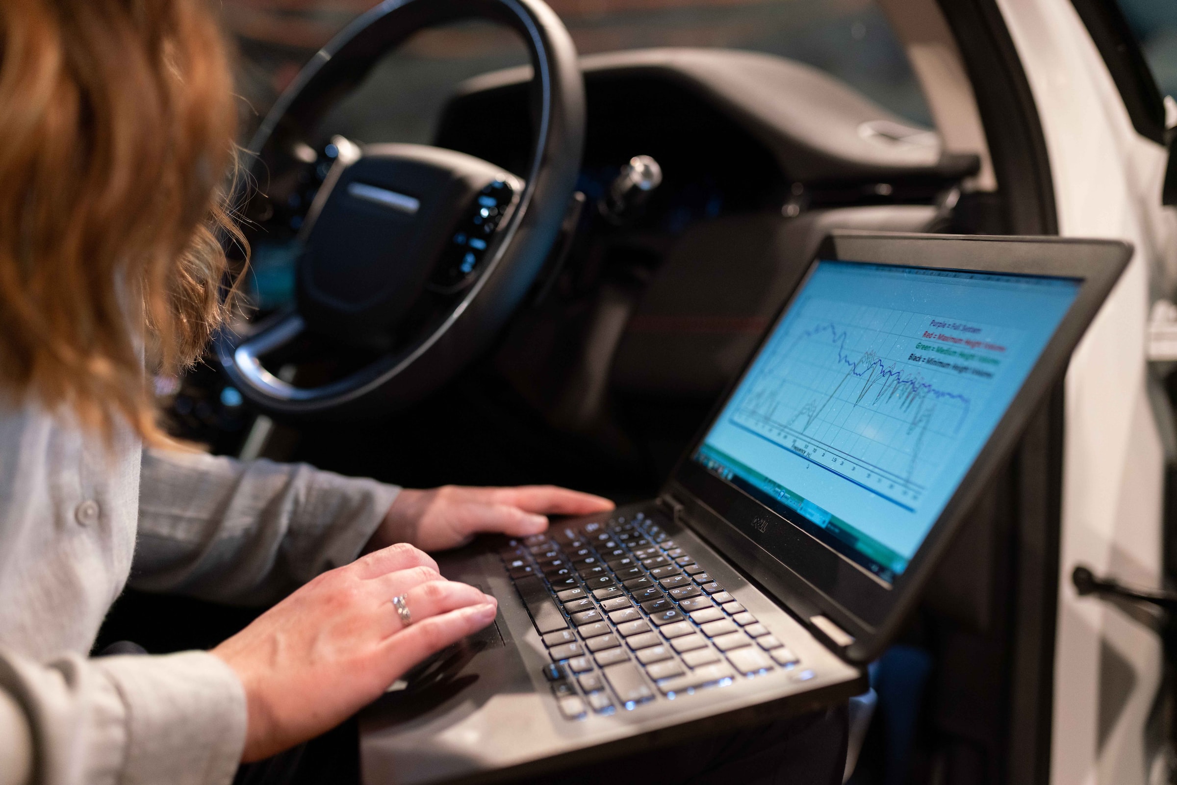 Woman checks security of vehicle code via laptop, Digitalisierung, Cybersecurity